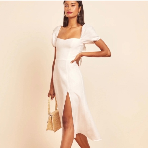 Reformation Denver tie back white Puff Sleeve Square Neck Midi dress size 0 - Picture 1 of 9